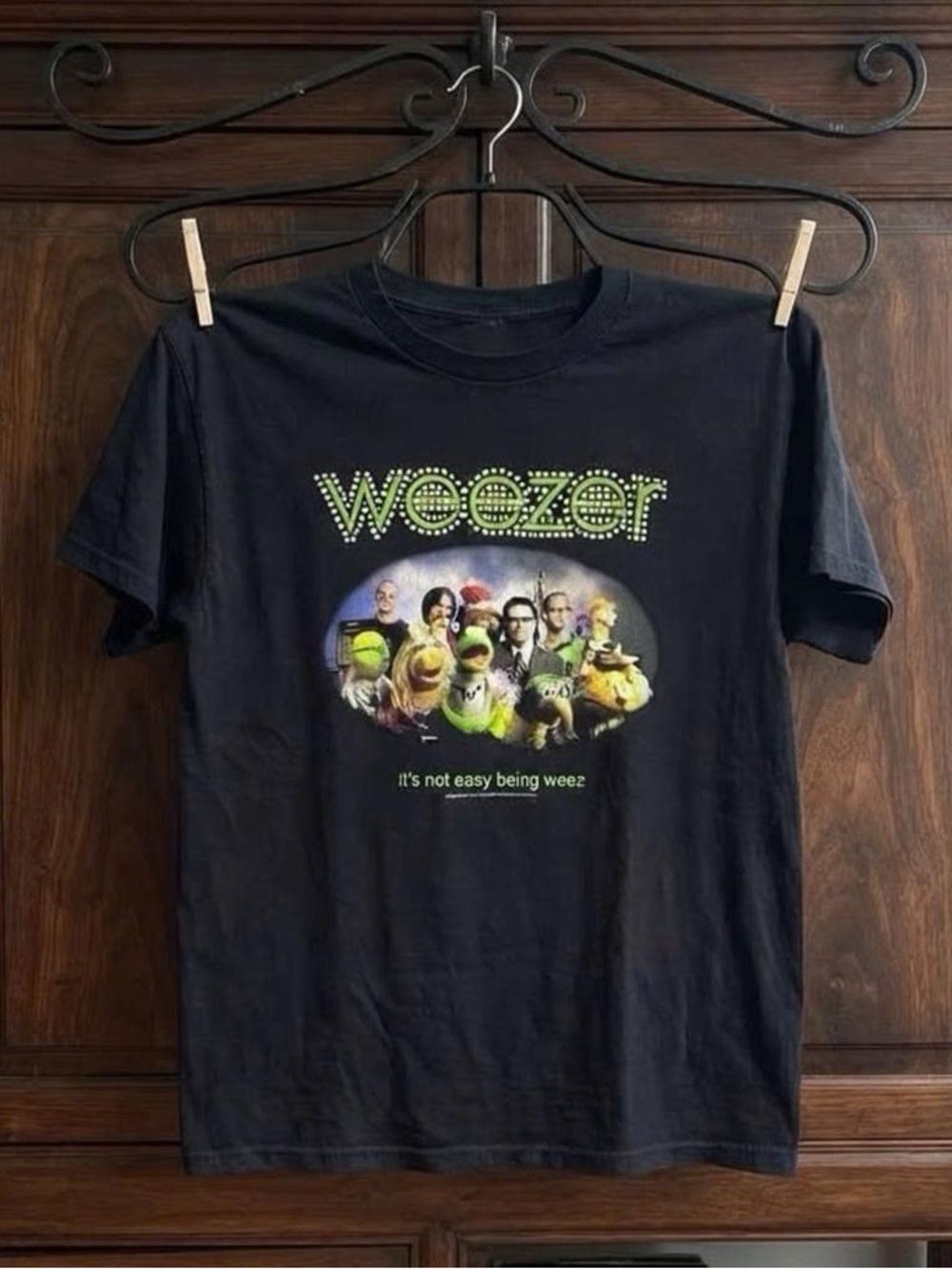 Vintage Black Weezer T-Shirt with Green Logo and Multicolor Puppet Graphic